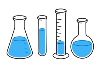 Assortment of essential chemistry laboratory glassware including flasks, test tubes, and cylinders