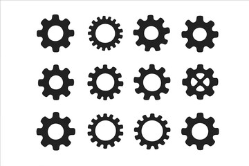 Twelve different black gear and cogwheel icons for settings, machinery, and mechanical processes