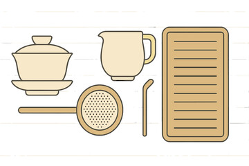 Traditional Asian tea ceremony utensils set including gaiwan, fairness cup, strainer, and tray