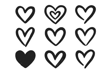 Nine hand-drawn black heart shapes with sketchy texture isolated on white background