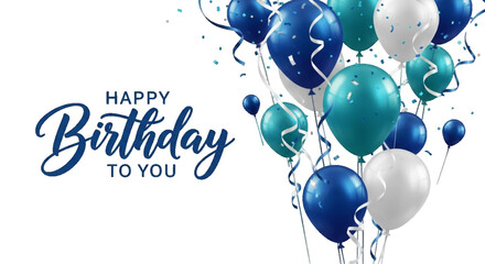 Elegant blue balloon and ribbon Happy Birthday celebration card banner template on transparent background. Happy Birthday banner with realistic blue and white balloons on transparent background.  © bikram