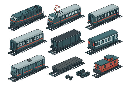 Isometric railway transport collection featuring locomotives, passenger carriages, and freight wagons