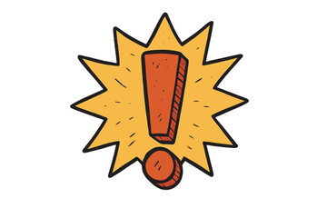 Retro red exclamation mark inside a bright yellow starburst with distressed texture