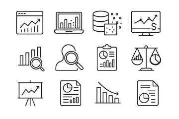 Business analysis and financial reporting outline icons for data research and statistics