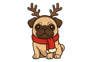Cute pug dog wearing reindeer antlers and a festive red scarf for Christmas holiday