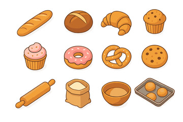Isometric set featuring various fresh bakery goods, delicious pastries, and essential kitchen baking equipment