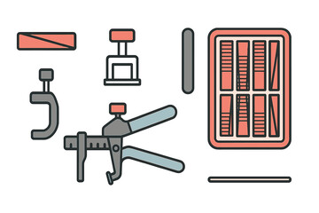 Essential tools for tile leveling systems including wedges, spacers, and tensioning pliers