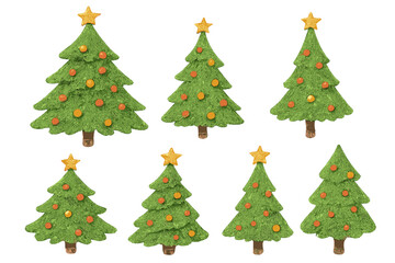 Stylized Christmas trees decorated with ornaments and stars on white