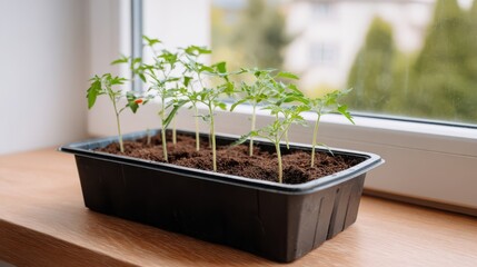 Vintage seedlings in tray on windowsill - historical gardening concept for home decor and textiles