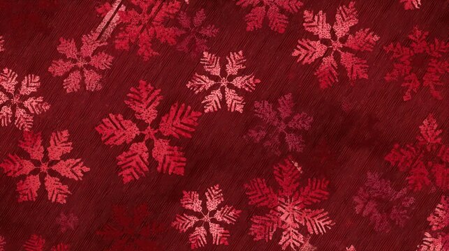 Abstract close up of shimmering red snowflakes scattered across a deep crimson textured background for festive winter holidays