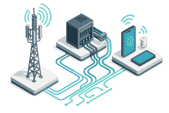 Wireless communication network infrastructure connecting mobile devices via server and cell tower antenna