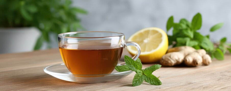 Refreshing turmeric and lemon tea with herbs on rustic wooden table