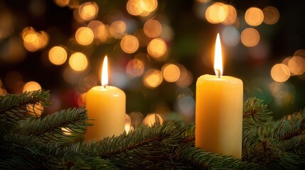 Warm christmas ambiance with burning candles on evergreen branches and festive bokeh lights