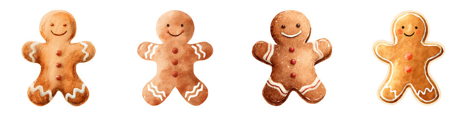Set of Christmas watercolor gingerbread cookies, isolated on transparent background