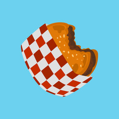 Bitten Cheeseburger in Checkered Paper Wrap Vector. Flat vector illustration of a bitten delicious cheeseburger wrapped in red and white checkered paper isolated on a blue background.