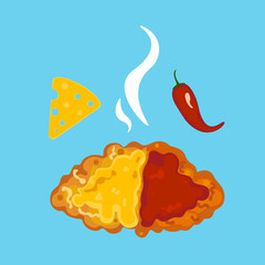 Chicken Cutlet with Melted Cheese and Spicy Sauce Vector. Hot fried chicken cutlet or steak, topped with melted cheese and red sauce, accompanied by a chili pepper and cheese slice.