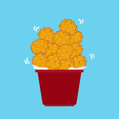 Bucket of Crispy Fried Chicken Nuggets Vector Illustration.Cartoon illustration of a red, overflowing bucket filled with crispy fried chicken nuggets or popcorn chicken, isolated on a blue background.