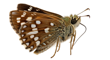Profile view of a beautiful brown skipper butterfly with intricate white spots on its wings, isolated on a clean white background