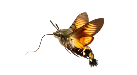 A detailed macro view of a hummingbird hawk-moth hovering in mid-air with its long proboscis extended, isolated on a white background