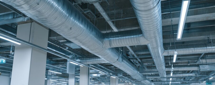 Industrial ceiling with silver metal air conditioning ducts in modern building - Powered by Adobe