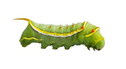 A vibrant green caterpillar with yellow and red markings crawls on a white background