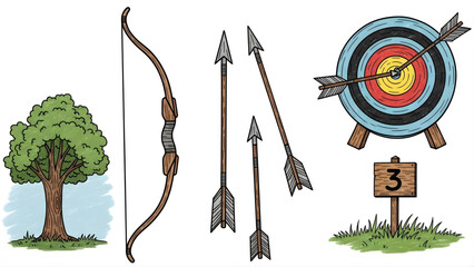 Colorful hand-drawn collection of classic archery equipment elements, featuring a longbow, arrows, and a bullseye target, ideal for illustrating the popular outdoor sport and hobby