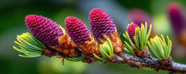 Close-up of pine tree branch with young cones in vibrant detail