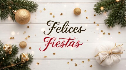 Felices fiestas greeting with festive christmas decorations and golden ornaments on a white wooden background
