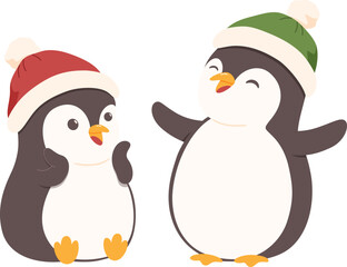 Cute Cartoon Character of Happy Penguins with Christmas Hat, Vector Illustration