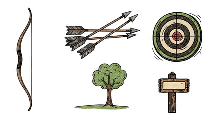 Archery Icons Bow, Arrows, Target, Tree, and Signboard Illustrations for Outdoors and Recreation