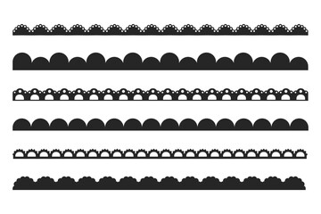 Scalloped border set simple cute divider geometric ornament edge cutout decoration. Fabric laces silhouette, textile frill stripe