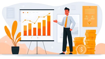 Businessman presenting profit chart goals, financial tax and inflation statistics, wealth management dashboard, stock market and trading success, business innovation and strategic planning theme