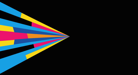 Vibrant geometric shapes in a dynamic burst of color radiate from a central point, creating an energetic abstract design against a stark black background.