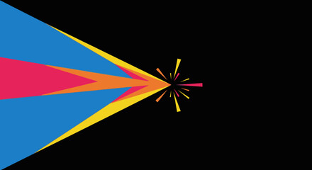 A vibrant abstract design features a dynamic convergence of colorful geometric shapes, creating an energetic burst effect against a deep black background.