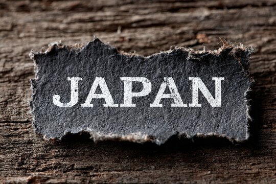 Torn paper label with the word Japan displayed prominently, resting on a rustic wooden surface, conveying a sense of travel, culture, and exploration in a unique visual style