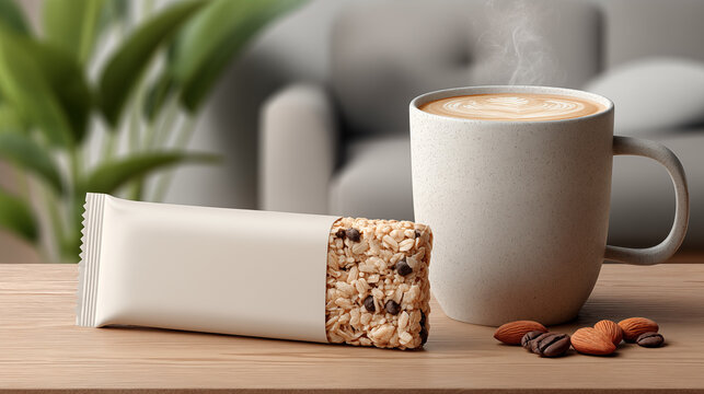 A realistic mockup of an empty white granola bar next to a cup of coffee, with brown rice and nuts visible inside the packaging. the background is a modern living room with ambient lighting. 