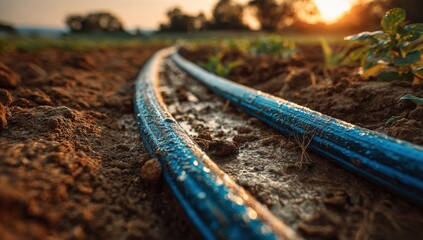 Blue irrigation hoses lying on moist soil in a field during sunset, showcasing agricultural practices and the importance of water management in farming