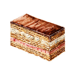 Isometric watercolor rendering of Opera Cake, isolated on a clean white background.