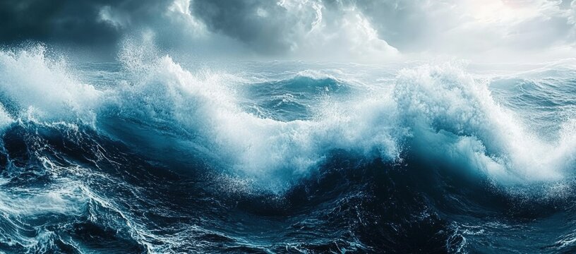 A dramatic seascape featuring towering waves and dark, overcast skies, capturing the power and beauty of the ocean.