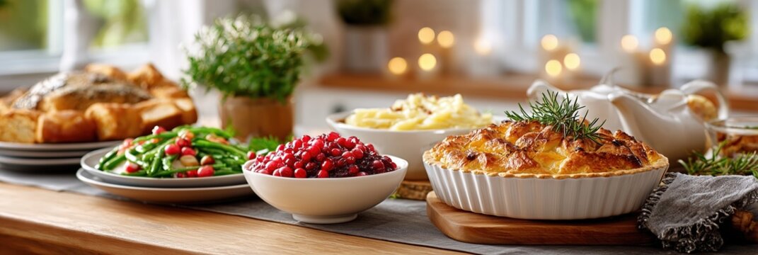 Holiday feast table setting with traditional dishes for celebration - Powered by Adobe