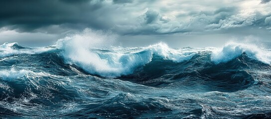 Fototapeta premium A dramatic ocean scene with turbulent waves against a moody sky, capturing the power and beauty of nature in motion.