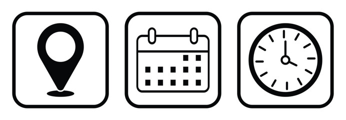 Time, Date, Address Icons Set — Stopwatch, Calendar and Location Vector illustration.