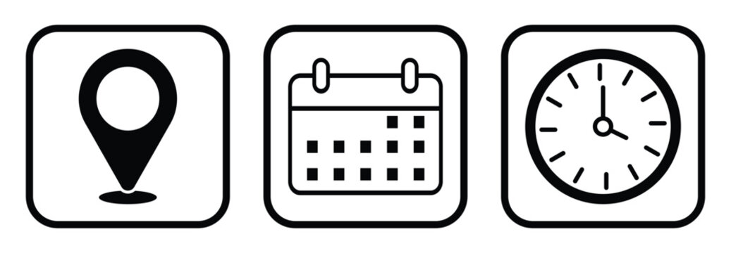 Time, Date, Address Icons Set &mdash; Stopwatch, Calendar and Location Vector illustration.