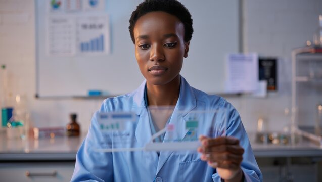 Professional female scientist conducts precise experiment in a bright laboratory.