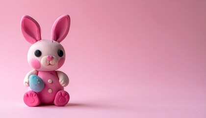 Fototapeta premium Colorful pink bunny figure sitting on a soft pink background with an Easter egg in its hand