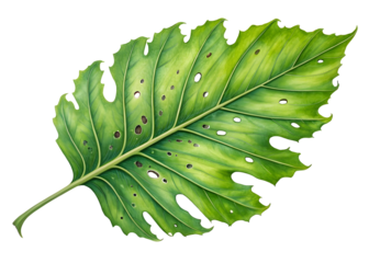 Watercolor Green leaf with holes and serrated edges isolated on a transparent background