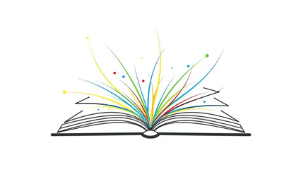 An open book with colorful lines and dots bursting from its pages, symbolizing creativity, knowledge, and imagination.