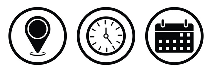 Time, Date, Address Icons Set — Stopwatch, Calendar and Location Vector illustration.