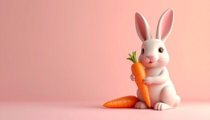 Cute bunny holding a bright orange carrot on a soft pink background in a playful and cheerful setting