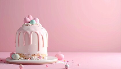 Decorative cake adorned with colorful candy eggs on a pink background for a festive celebration